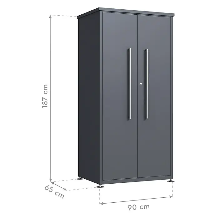 Westmann Gartenschrank - 65 x 90 x 187 cm, Anthrazit - Dunkelgrauer Metallschrank mit zwei Türen, silbernen Griffen und Schloss. Maße: 187x90x65 cm.