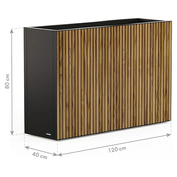Herstera Garden Pflanzkasten Deco Planter - Außenmaß (L x B x H): 120 x 40 x 80 cm, Holz, Braun/Schwarz - Rechteckiger Pflanzkübel mit dunkelgrauen Seiten und einer Vorderseite aus hellbraunen Holzlamellen. Maße: 120x40x80 cm.