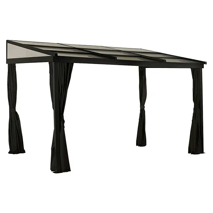 Sojag Terrassenüberdachung Budavar - Schwarz, Metall, L x B x H: 298,5 x 366,5 x 243 cm - Dunkles Metall-Gartenpavillon mit transluzenten Dachpaneelen und schwarzen Raffvorhängen.