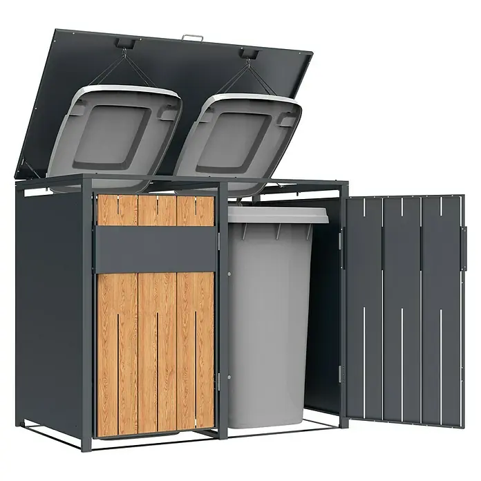 Westmann Mülltonnenbox Varius - Stahl, Anthrazit & Holzoptik, Geeignet für Anzahl Mülltonnen: 2 Stk. - Zweifach-Mülltonnenbox aus dunkelgrauem Metall und Holz mit geöffnetem Deckel und Seitenklappe, die zwei hellgraue Innenbehälter zeigt.