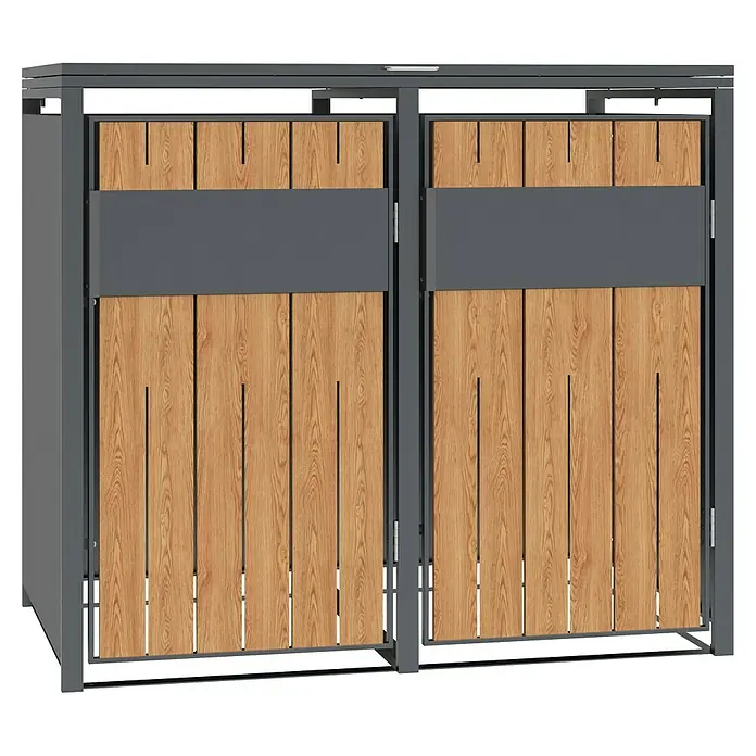 Westmann Mülltonnenbox Varius - Stahl, Anthrazit & Holzoptik, Geeignet für Anzahl Mülltonnen: 2 Stk. - Zweitürige Mülltonnenbox für den Außenbereich mit dunkelgrauem Metallrahmen und hellen Holzpaneelen.
