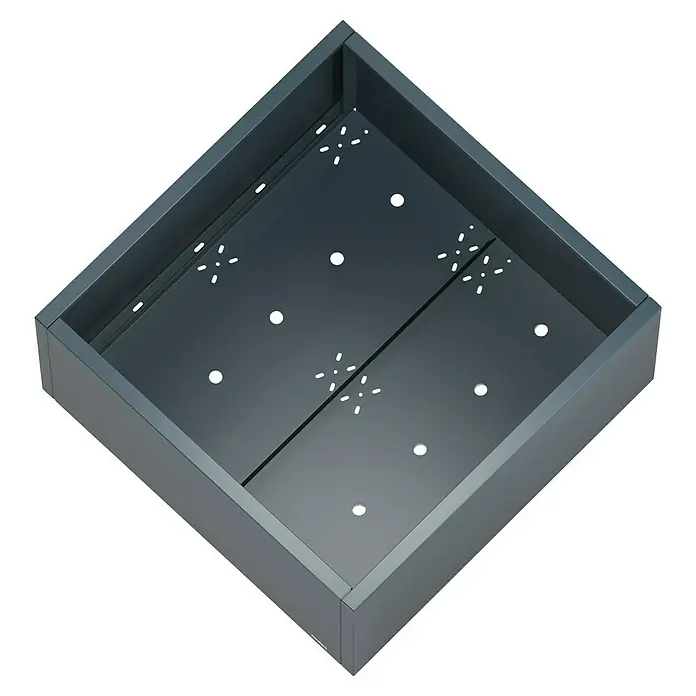 Herstera Garden Pflanzkasten Cube - Außenmaß (L x B x H): 100 x 100 x 50 cm, Metall, Anthrazit - Dunkelgrauer quadratischer Schubladeneinsatz mit Trennwand und Befestigungslöchern.