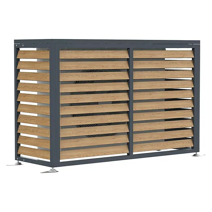 Westmann Verkleidung Boxa M - Ausführungseigenschaft: L 140 x B 56 x H 97 cm, Anthrazit mit Holzoptik - Abdeckung für Außengeräte: grauer Metallrahmen, helle Holzlamellen. Verdeckt und schützt Klimaanlagen/Wärmepumpen, ermöglicht Luftzirkulation.
