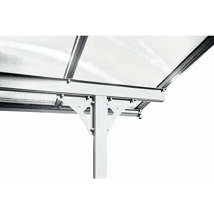 Westmann Terrassenüberdachung Bruce 617 - L x B x H: 300 x 617 x 270 cm, Weiß - Silbernes Metallgestell einer Überdachung mit lichtdurchlässigen Wellplatten und Stützstreben.