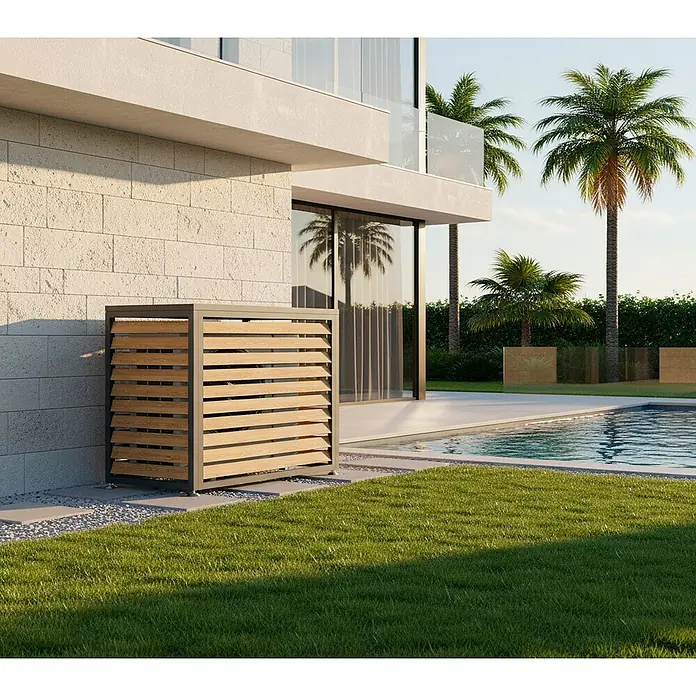 Westmann Verkleidung Boxa S - Ausführungseigenschaft: L 100 x B 56 x H 97 cm, Anthrazit mit Holzoptik - Lamellenabdeckung aus Holz mit grauem Rahmen für Außengeräte, neben modernem Haus mit Pool.