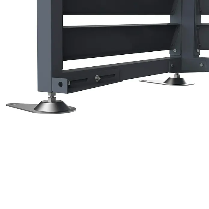 Westmann Verkleidung Boxa M - Ausführungseigenschaft: L 140 x B 56 x H 97 cm, Anthrazit mit Holzoptik - Dunkelgraues Modulgestell mit verstellbaren silbernen Nivellierfüßen und horizontalen Lamellen.
