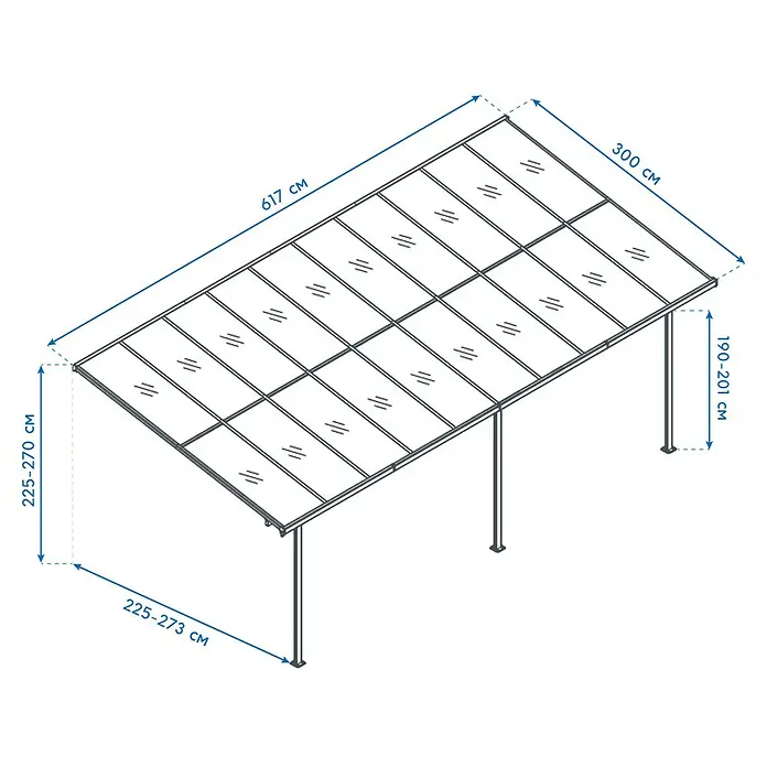 Westmann Terrassenüberdachung Bruce 617 - L x B x H: 300 x 617 x 270 cm, Schwarz - Diagramm eines geneigten Carports/Vordachs mit Metallrahmen & transparenten Paneelen, Maße: 617x300 cm, Höhen 190-201 cm bis 225-270 cm.