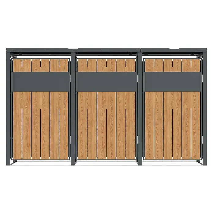 Westmann Mülltonnenbox Varius - Stahl, Anthrazit & Holzoptik, Geeignet für Anzahl Mülltonnen: 3 Stk. - Modulare Mülltrennanlage mit drei dunkelgrauen Metallschuppen und hellen Holzoptik-Paneelen.