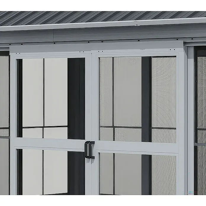 Sojag Standard-Pavillon Olan 1017 - Grau, Schwarz, Metall, L x B x H: 310 x 529,5 x 291 cm - Graue Aluminium-Schiebetüren mit strukturierten Paneelen und schwarzen Griffen, in Gebäudestruktur integriert.