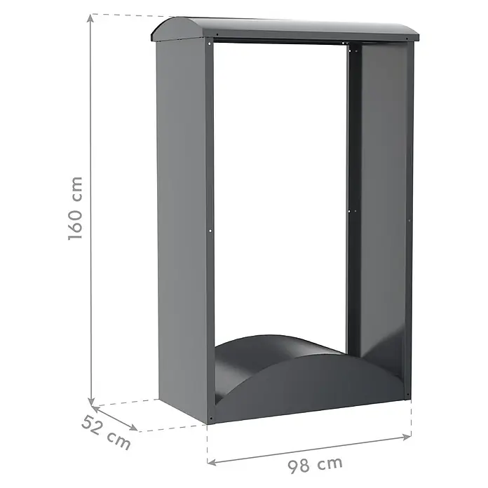 Westmann Kaminholzregal - 52 x 98 x 160 cm, Stahl, Anthrazit, Castra A - Dunkelgraues U-förmiges Brennholzlager für den Außenbereich mit gebogener Ober- und Unterseite.