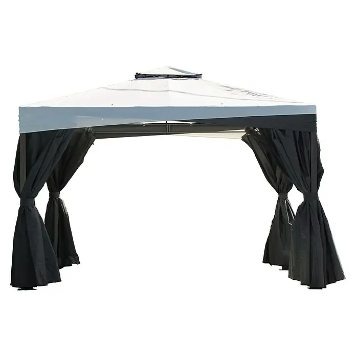 Sojag Standard-Pavillon Malta 1014 - L x B: 305 x 430 cm - Weißes und dunkelgraues Pavillon mit seitlichen, zurückgebundenen Vorhängen.