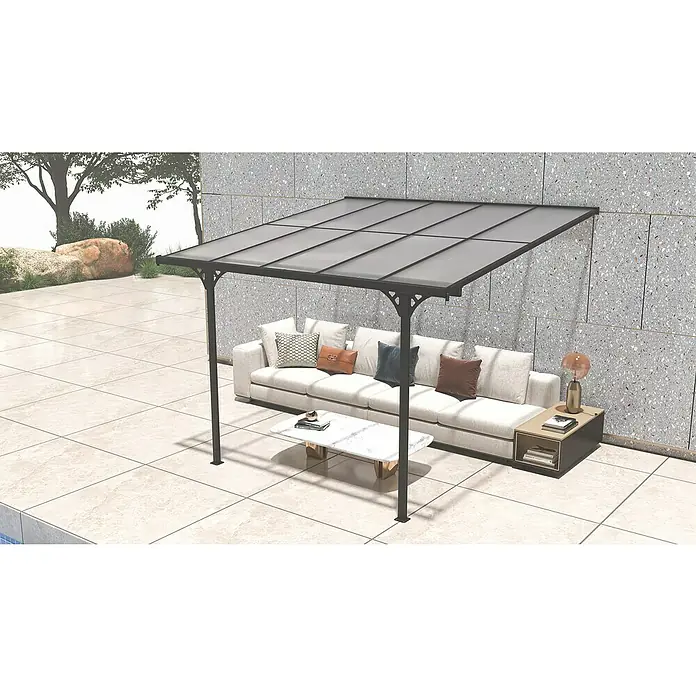Westmann Terrassenüberdachung Bruce - L x B x H: 300 x 313 x 270 cm, Schwarz - Dunkel gerahmte Terrassenüberdachung mit durchscheinenden grauen Dachplatten über einer Outdoor-Sitzgruppe.