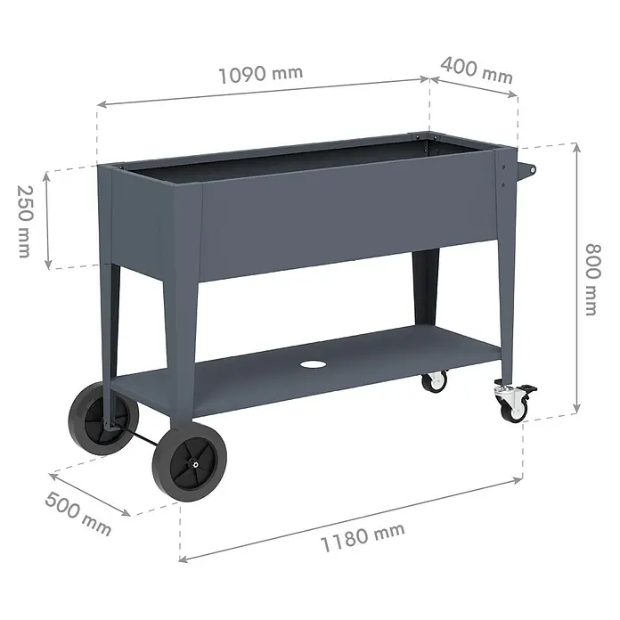 Westmann Hochbeet Mobila Plus - 50 x 118 x 80 cm, Metall, Anthrazit - Dunkelgraues Hochbeet auf Rollen mit Ablagefläche, ideal für den Garten.