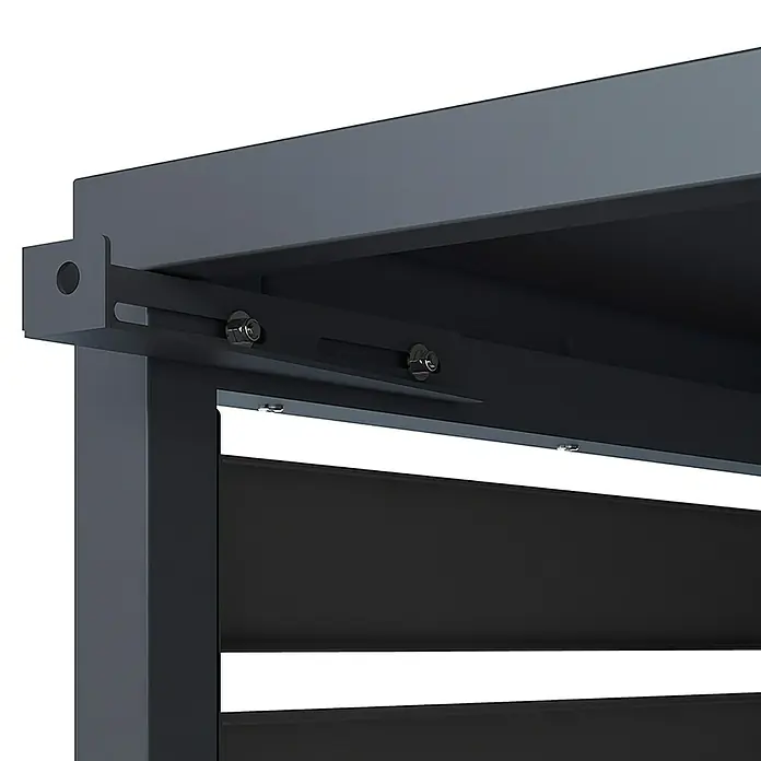 Westmann Verkleidung Boxa M - Ausführungseigenschaft: L 140 x B 56 x H 97 cm, Anthrazit mit Holzoptik - Nahaufnahme eines dunkelgrauen Metall-Pergola-Gestells mit verstellbarem Lamellenmechanismus, inkl. Schlitzführung und Befestigungsschrauben.