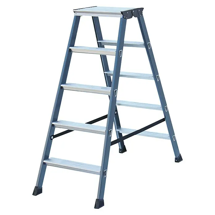 Krause Monto Doppelleiter SePro D - Anzahl Tritte: 10 Stk., Arbeitshöhe: 2,65 m, Aluminium - Eine blaue Aluminiumleiter mit fünf Stufen, die sich ideal für Haus- und Gartenarbeiten eignet.