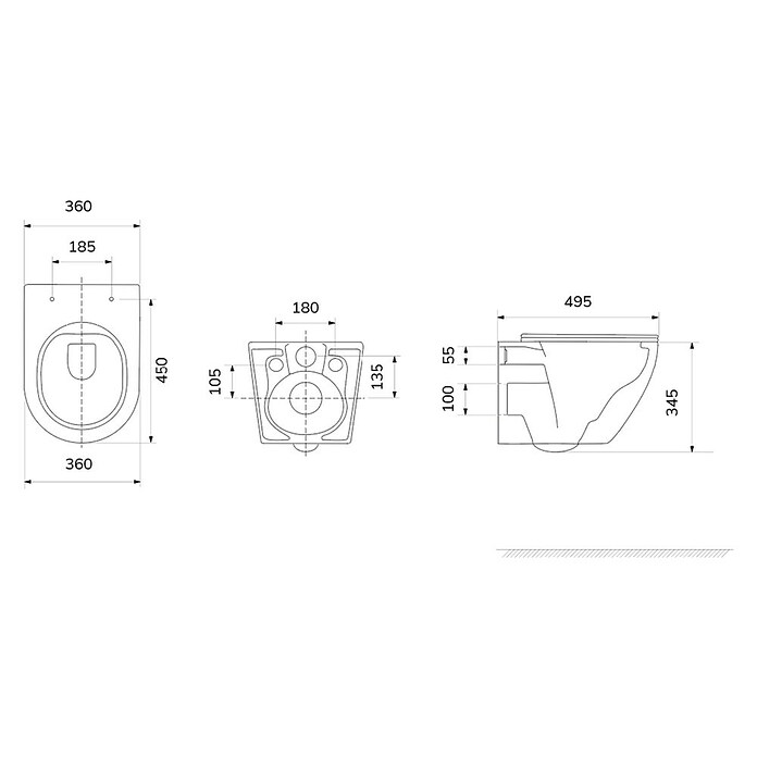 Taza de WC suspendida Pisa (Sin borde de descarga, Forma de descarga: Por separado, Salida WC: Horizontal, Blanco, Mate) | BAUHAUS
