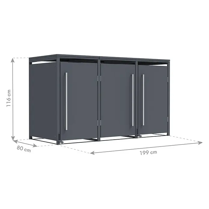 Westmann Mülltonnenbox Pedura inkl. Fußpedal - Stahl, Anthrazit, Geeignet für Anzahl Mülltonnen: 3 Stk. - Dunkelgraue dreifach-Mülltonnenbox mit silbernen Griffen. Maße: 199x80x116 cm.