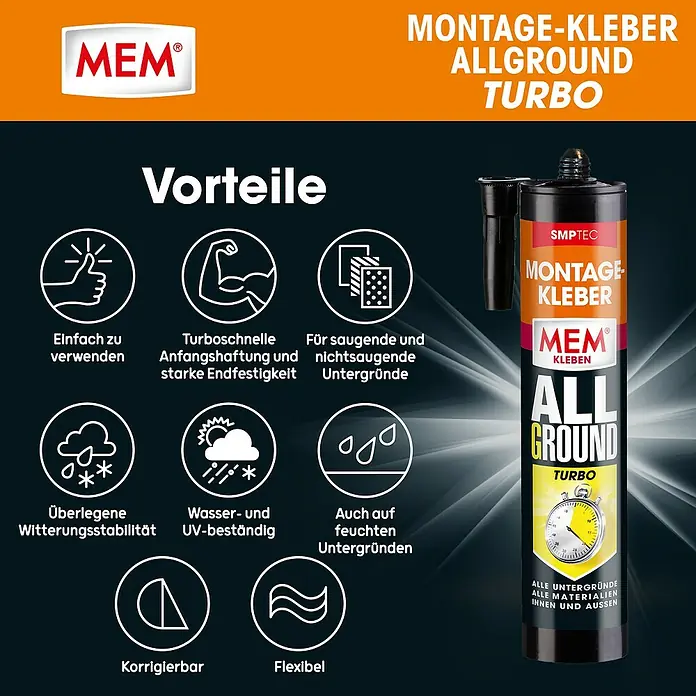 MEM Montagekleber ALLGROUND Turbo - Weiß, 450 g - Schwarze MEM Montage-Kleber Allground Turbo Kartusche, hervorhebend schnelle und vielseitige Anwendung auf diversen Untergründen.
