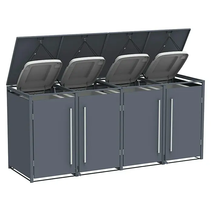 Westmann Mülltonnenbox Pedura inkl. Fußpedal - Stahl, Anthrazit, Geeignet für Anzahl Mülltonnen: 4 Stk. - Dunkelgraue Vierfach-Recyclingstation mit weißen Innenbehältern und synchron anhebbaren Deckeln zur Mülltrennung.
