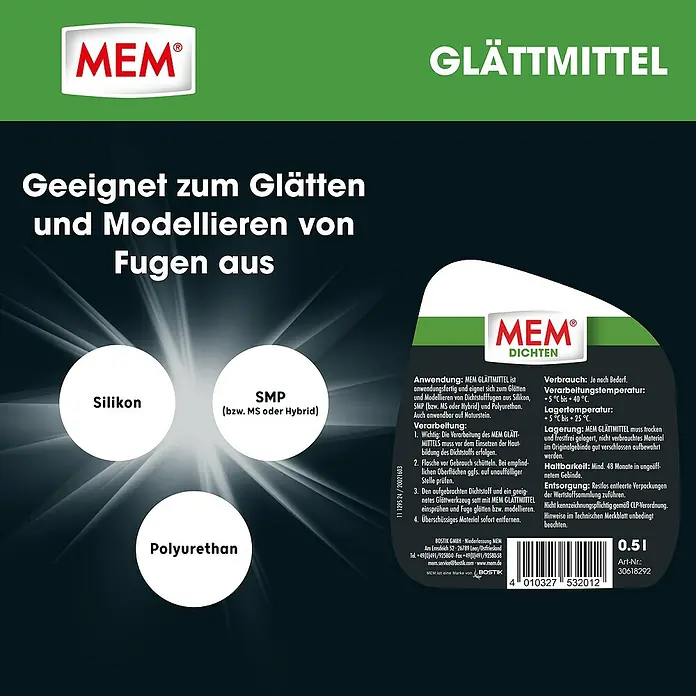 MEM Silikon-Glättmittel - 500 ml - MEM Glättmittel für Silikon-, SMP- und Polyurethanfugen, 0,5 l.