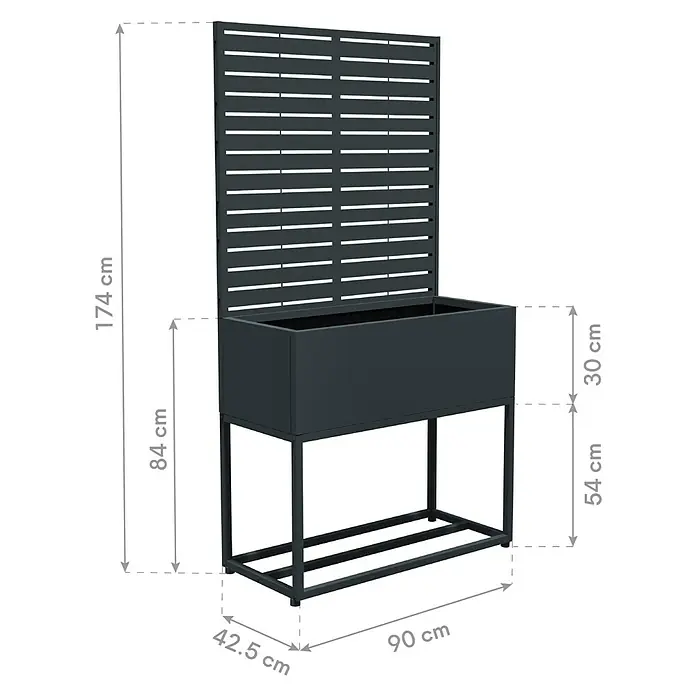 Westmann Pflanzkasten mit Rankgitter Dekora 4 - Außenmaß (L x B x H): 90 x 42,5 x 174 cm, Stahl, Anthrazit - Dunkelgrauer Pflanzkasten aus Metall mit integriertem Sichtschutz/Rankgitter auf Ständer.
