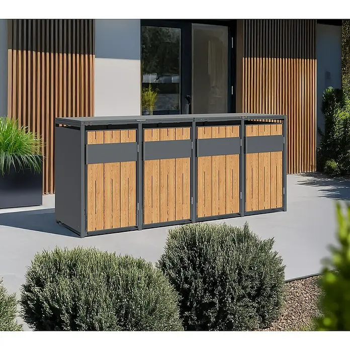 Westmann Mülltonnenbox Varius - Stahl, Anthrazit & Holzoptik, Geeignet für Anzahl Mülltonnen: 4 Stk. - Outdoor-Aufbewahrungsbox aus dunkelgrauem Metall mit hellen Holzlamellentüren, vierteilig, auf einer Terrasse.