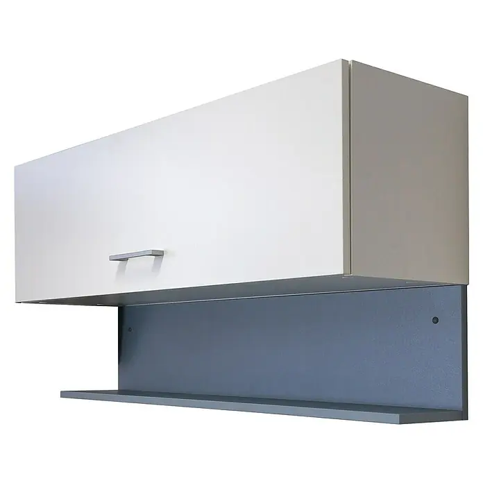 Flex-Well Lucca Küchenleerblock - Breite: 270 cm, Weiß, Anzahl Küchenkomponenten: 8 Stk., Ohne Elektrogeräte - Weißer Küchenhängeschrank mit Metallgriff, grauer Rückwand und integriertem Regal.