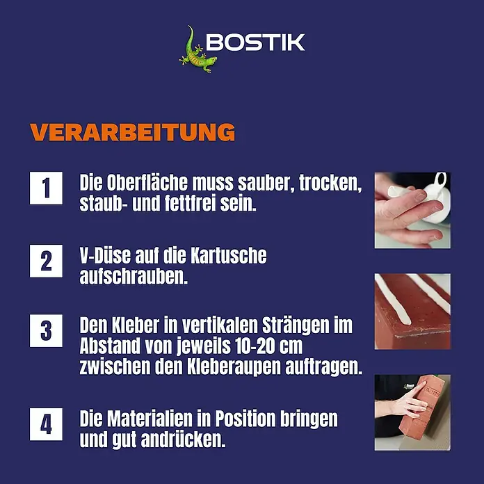 Bostik Montagekleber Mamut Glue - 450 g, Kartusche - Anwendungsanleitung für Bostik Klebstoff: Oberfläche reinigen, Kleber in vertikalen Strängen auftragen, Materialien festdrücken.