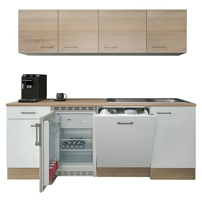 Flex-Well Samoa Singleküche Typ 1 - Breite: 210 cm, Weiß/Braun, Mit Elektrogeräten - Kompakte Küchenzeile: Hängeschränke in Holzoptik, weiße Unterschränke, Kaffeemaschine, offener Minikühlschrank, Spülmaschine, Spüle/Kochfeld.