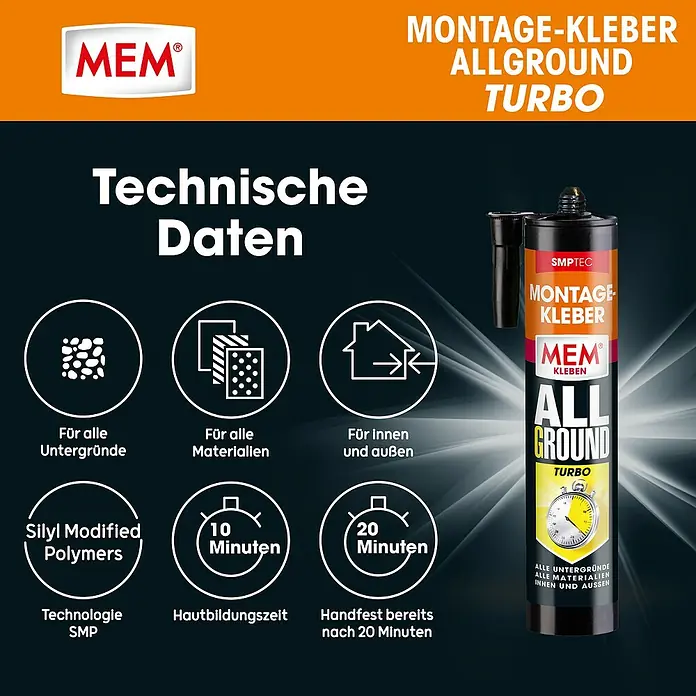 MEM Montagekleber ALLGROUND Turbo - Weiß, 450 g - MEM Allground Turbo Montagekleber-Kartusche, schwarz mit orange-gelbem Etikett, vielseitig für Untergründe/Materialien, innen/außen, schnell härtend in 10-20 Min.