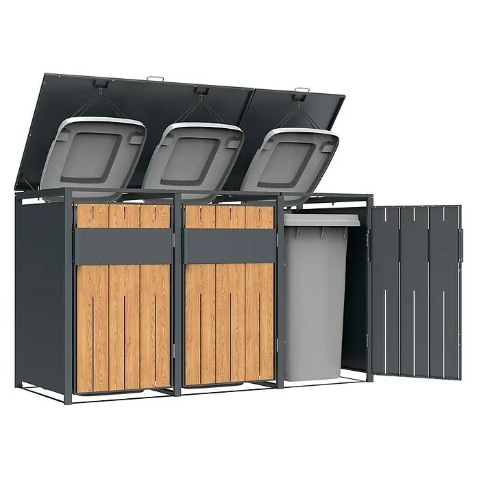 Westmann Mülltonnenbox Varius - Stahl, Anthrazit & Holzoptik, Geeignet für Anzahl Mülltonnen: 3 Stk. - Dunkelgraue Metall-Mülltrennungsstation mit drei Fächern, Holztüren, geöffneten Deckeln, grauen Behältern und einer geöffneten Seitentür.
