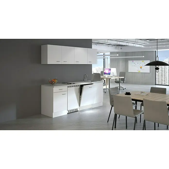 Flex-Well Wito Singleküche - Breite: 210 cm, Weiß, Mit 2-Platten-Kochfeld - Weißer modularer Küchenblock mit Spüle, Kochfeld und offener Spülmaschine im Büro.