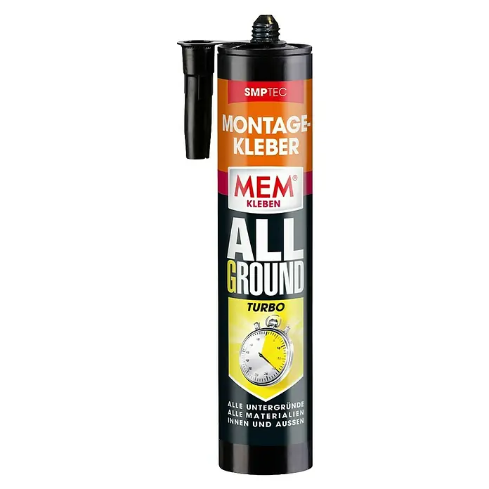 MEM Montagekleber ALLGROUND Turbo - Weiß, 450 g - Schwarz-braune Klebstoffkartusche mit "ALL GROUND TURBO" Etikett, geeignet für alle Untergründe und Materialien, innen und außen.