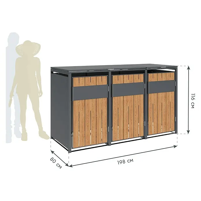 Westmann Mülltonnenbox Varius - Stahl, Anthrazit & Holzoptik, Geeignet für Anzahl Mülltonnen: 3 Stk. - Dunkelgraues Outdoor-Stauraummöbel aus Metall mit drei Holzlamellenfächern. Misst 198x80x116 cm, Person zum Größenvergleich.