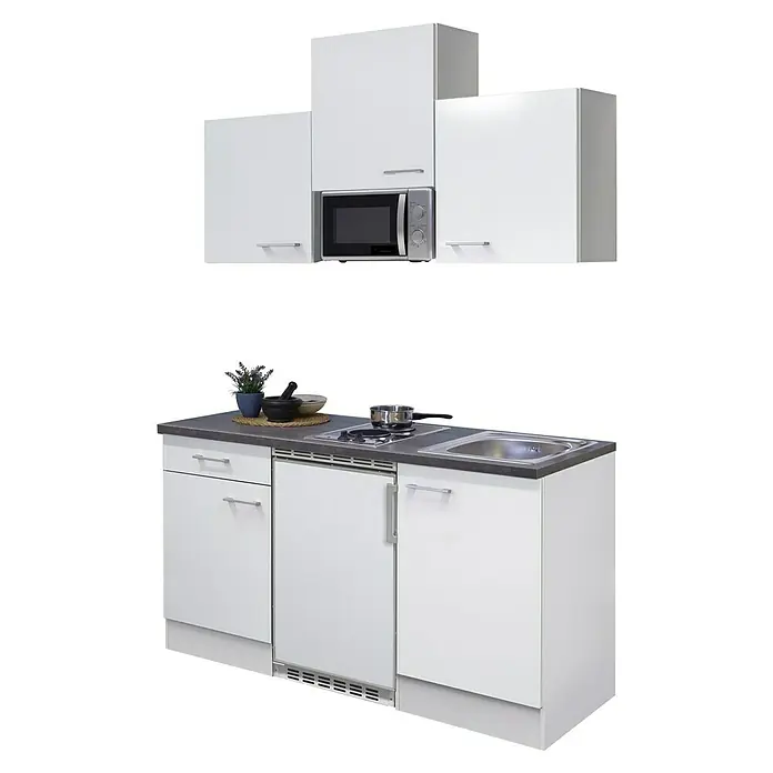 Flex-Well Lucca Singleküche - Breite: 150 cm, Weiß, Mit 2 Platten-Kochfeld & Mikrowelle, Mit Elektrogeräten - Kompakte weiße Küchenzeile mit dunkelgrauer Arbeitsplatte, Spüle, Kochfeld, Kühlschrank und passenden Wandschränken mit Mikrowelle.