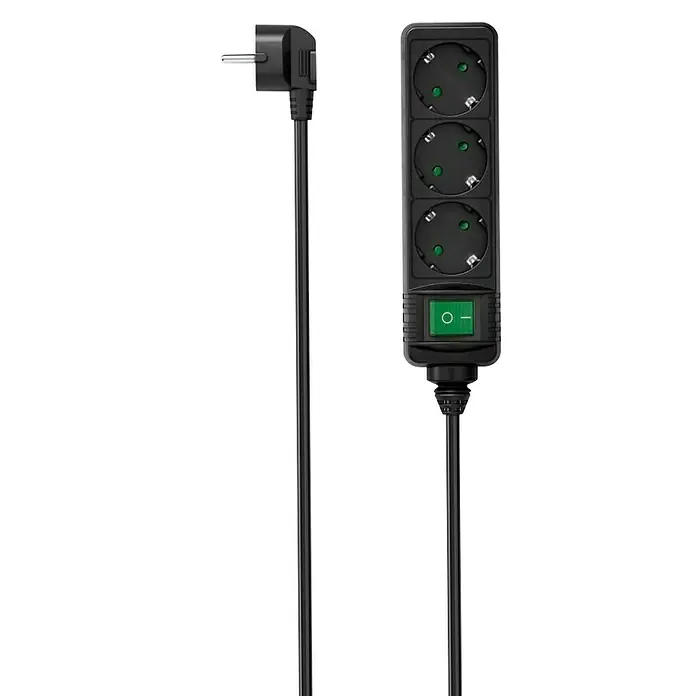 Hama Steckdosenleiste 3-fach 223005 - Kabellänge: 3 m - Schwarze Steckdosenleiste mit drei Steckplätzen, integriertem grünem Ein-/Ausschalter und abgewinkeltem Stecker.