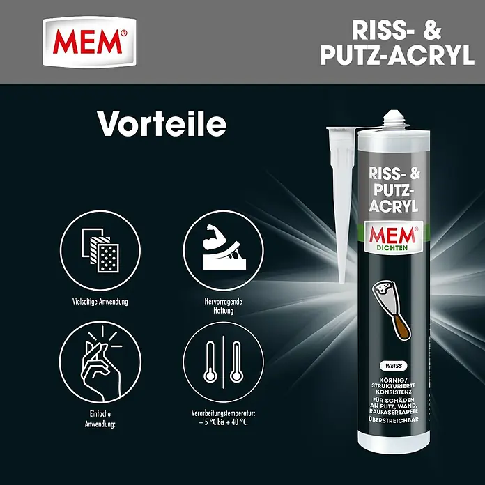 MEM Riss-Acryl und Putz-Acryl - Weiß, 300 ml - Weiße Riss- & Putz-Acryl-Dichtmasse von MEM mit körniger Konsistenz, geeignet für Putzschäden, Wand und Raufasertapete, überstreichbar.