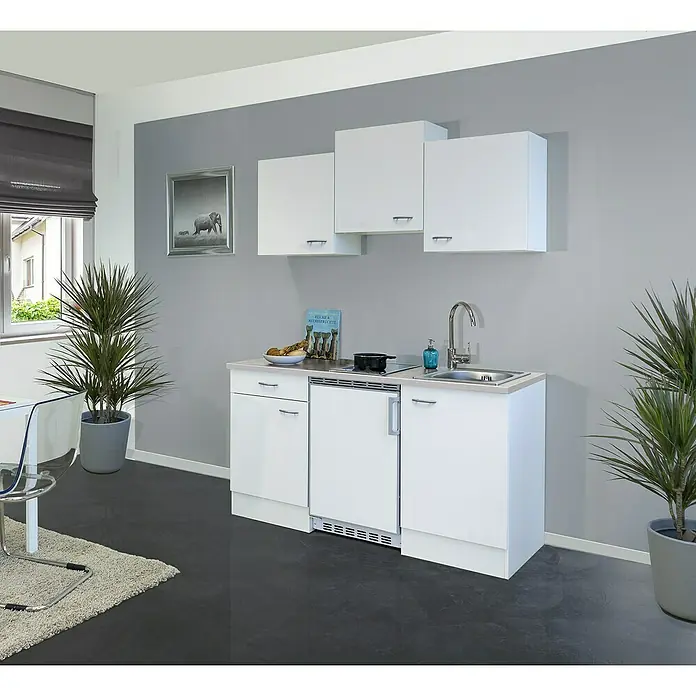Flex-Well Wito Singleküche - Breite: 150 cm, Weiß, Mit 2-Zonen-Glaskeramikkochfeld - Kompakte weiße Küchenzeile mit dunkler Arbeitsplatte, Spüle, 2-Platten-Kochfeld und Kühlschrank.