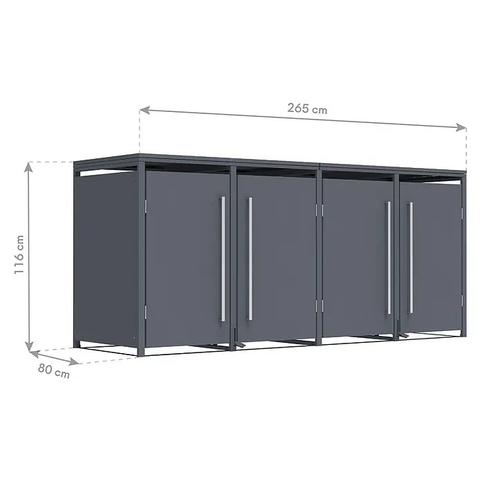 Westmann Mülltonnenbox Pedura inkl. Fußpedal - Stahl, Anthrazit, Geeignet für Anzahl Mülltonnen: 4 Stk. - Dunkelgraue Metall-Mülltonnenbox mit drei Fächern, Maße 265x116x80 cm (BxHxT).