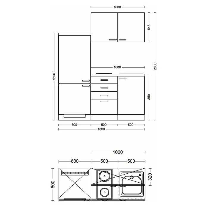 Flex-Well Wito Singleküche - Breite: 160 cm, Weiß, Mit Elektrogeräten - Detaillierte technische Zeichnung eines Küchenschrank-Layouts mit Unter- und Oberschränken, Spüle und Kochfeld, inklusive aller Hauptmaße.
