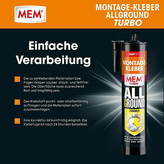 MEM Montagekleber ALLGROUND Turbo - Weiß, 450 g - Schwarze MEM Montage-Kleber Allground Turbo Klebstofftube mit rot-weißem Branding und gelbem Stoppuhr-Symbol für schnelle Wirkung.