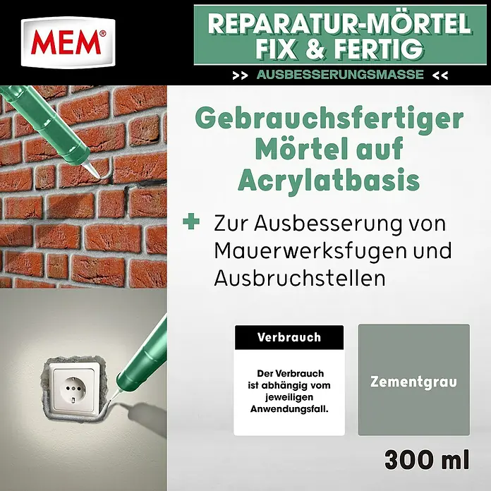 MEM Reparaturmörtel Fix&Fertig - Zementgrau, 300 ml - Zementgrauer, gebrauchsfertiger Acryl-Reparaturmörtel (300 ml) wird in Mauerwerksfugen und um eine Steckdose aufgetragen.