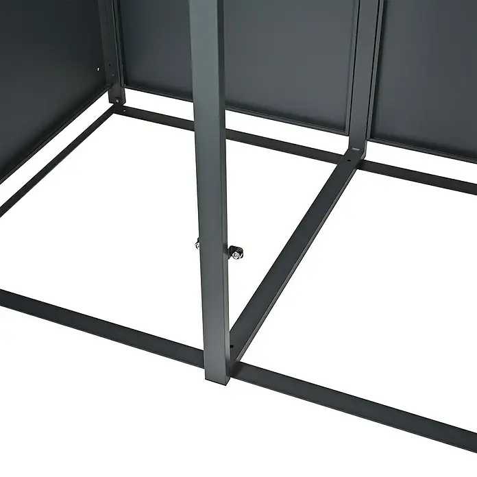 Westmann Mülltonnenbox Varius - Stahl, Anthrazit & Holzoptik, Geeignet für Anzahl Mülltonnen: 3 Stk. - Dunkelgraues Metallgestell eines Gartenhauses oder Lagerschuppens mit sichtbaren Schrauben.