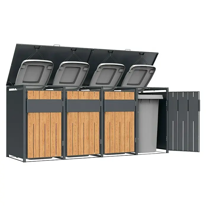 Westmann Mülltonnenbox Varius - Stahl, Anthrazit & Holzoptik, Geeignet für Anzahl Mülltonnen: 4 Stk. - Graues Mülltrennsystem mit hellen Holzfronten und geöffneten Deckeln, die vier weiße Behälter zeigen. Ein Seitenfach hat eine graue Lamellentür und einen Behälter.
