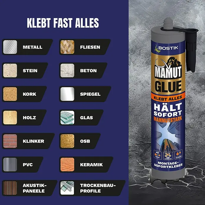 Bostik Montagekleber Mamut Glue - 450 g, Kartusche - Bostik Mamut Glue Montagekleber in Kartusche, gold-blau, bewirbt ‚Klebt fast alles‘ und ‚Hält sofort mammutstark‘.