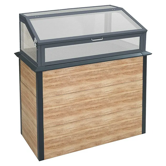 Westmann Hochbeet Primus Multi Plus M mit Frühbeetaufsatz - 50 x 100 x 113 cm, Metall, Braun/Anthrazit - Hochbeet mit Holzsockel und grauem Frühbeetaufsatz mit transparenten Paneelen.