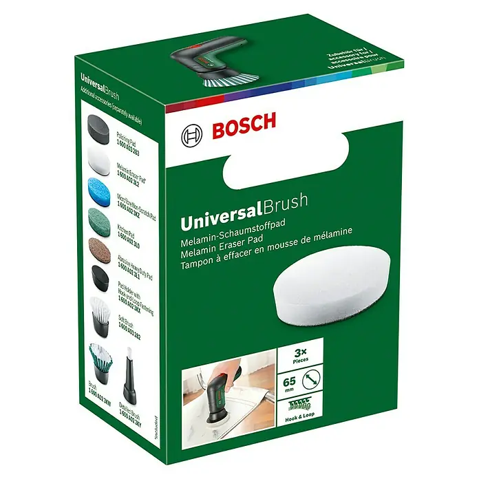 Bosch Mikrofaser-Reinigungspad Melamin-Schaumstoffpad - Passend für: Bosch Akku-Universalbürste UniversalBrush, 3 Stk. - Weiße Bosch UniversalBrush Melamin-Radierpads (3 Stück, 65mm) mit Klettverschluss, zur kraftvollen Reinigung. Abgebildet mit dem UniversalBrush Gerät.