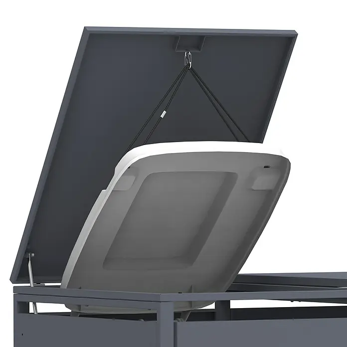 Westmann Mülltonnenbox Pedura inkl. Fußpedal - Stahl, Anthrazit, Geeignet für Anzahl Mülltonnen: 3 Stk. - Offene dunkelgraue Outdoor-Aufbewahrungsbox mit weißem Innenfutter, gehalten von Gurten und Gasfedern.