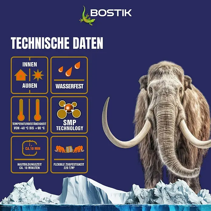 Bostik Montagekleber Mamut Glue - 450 g, Kartusche - Bostik Produktdatenblatt mit Eigenschaften: innen/außen, wasserfest, flexibel, Hautbildungszeit ca. 10 Min., Temperaturbeständigkeit (-40°C bis +90°C) und SMP Technologie.