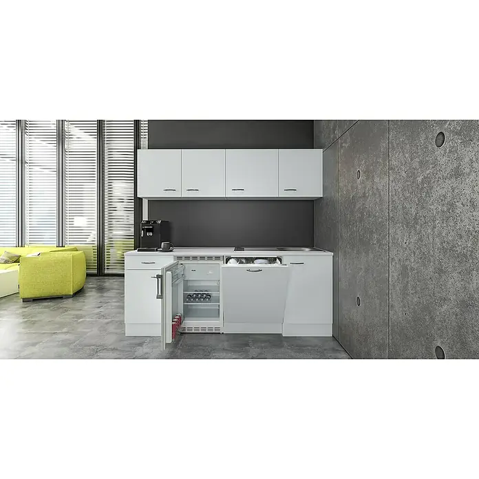 Flex-Well Wito Singleküche Typ 1 - Breite: 210 cm, Weiß, Mit Elektrogeräten - Weiße Kompaktküchenzeile mit integriertem Minikühlschrank und Geschirrspüler in modernem Apartment.